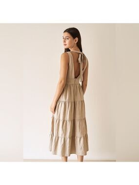 House Of Harlow 1960 Tan Linen Blend Tiered Plunge V Neck Midi Dress Size Medium